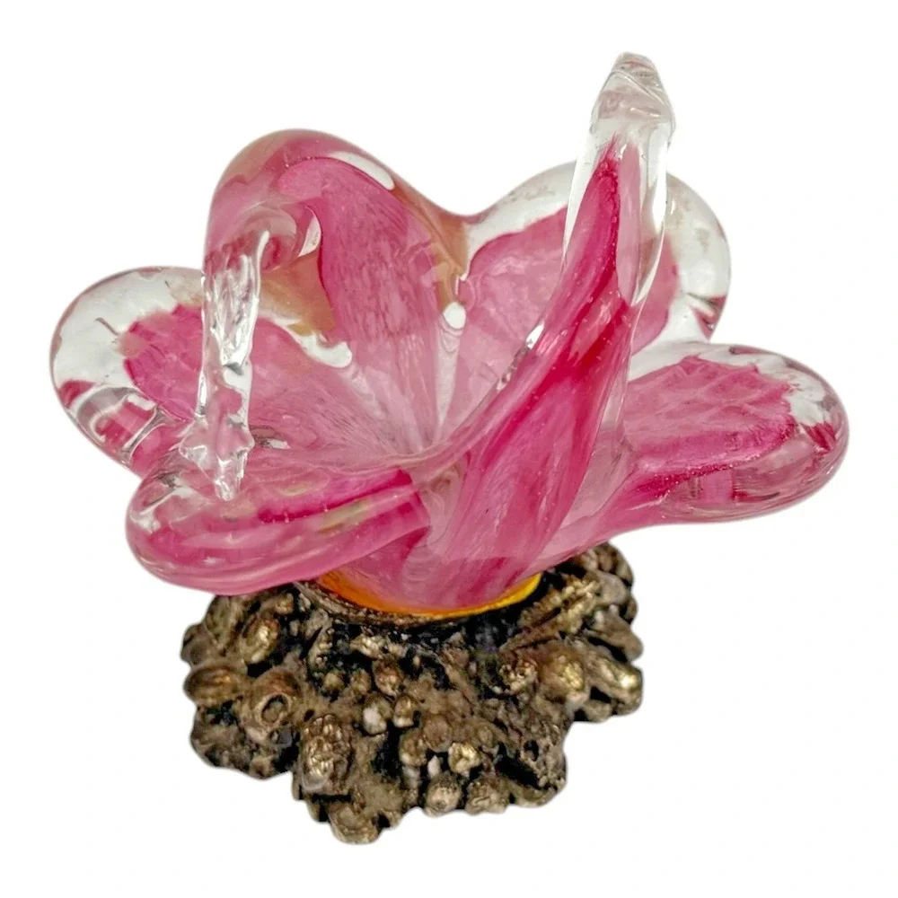 Murano Glass MCM Mini Pink Flower with Metal Base Italy Mid Century Decor‎